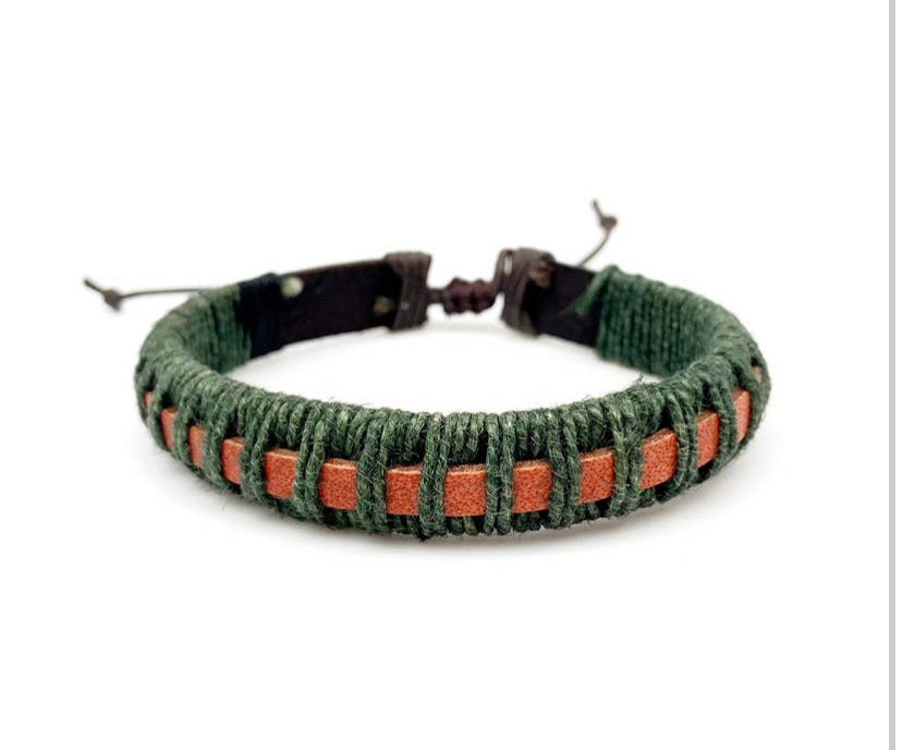 Leather Green & Orange Pull Tie Men’s Bracelet