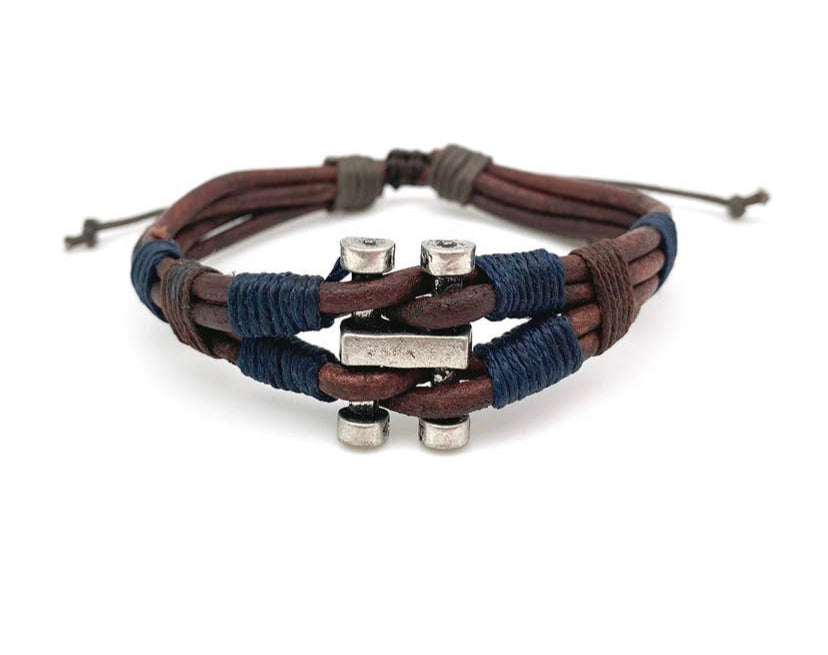 Brown Leather & Metal Pull Tie Men’s Bracelet