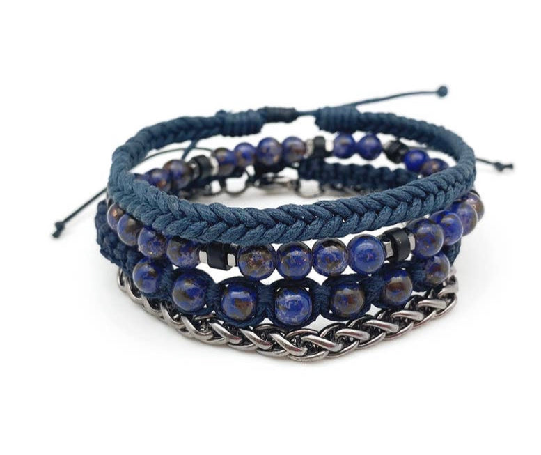 Blue Beaded Metal & Leather Pull Tie Men’s Bracelet